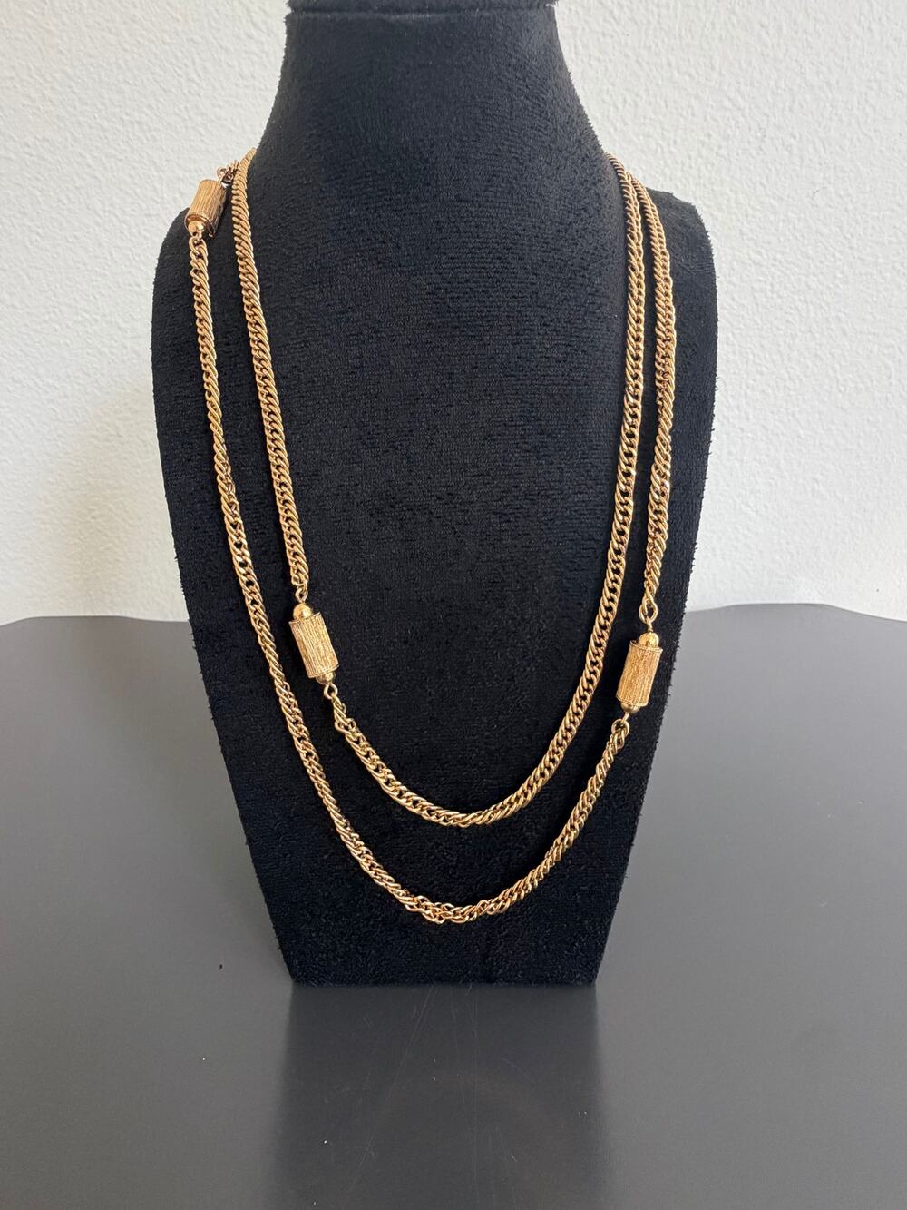 Vintage Monet necklace gold-tone 55-inch chain textured cylindrical stations